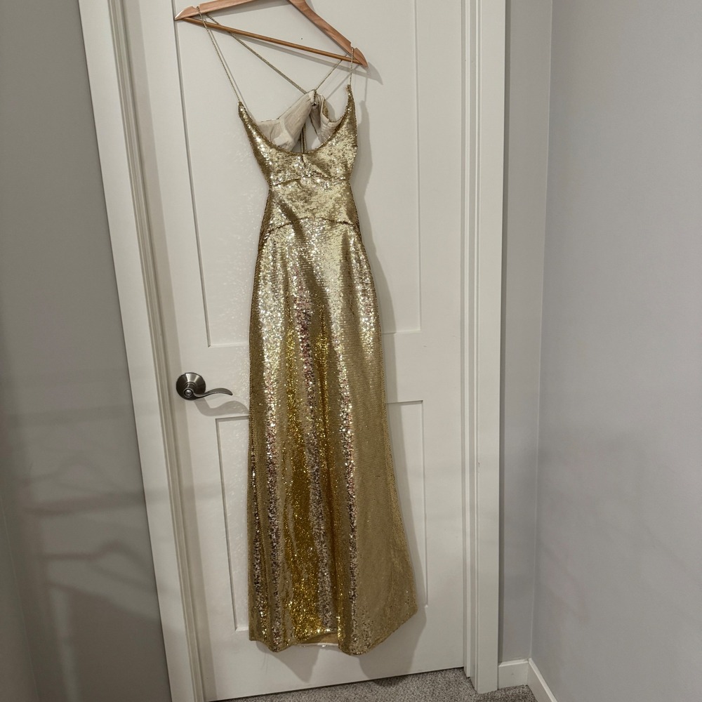 Love The Label Gold Sequin Maxi Dress Open Back V-Neck Formal Gown Womens Small